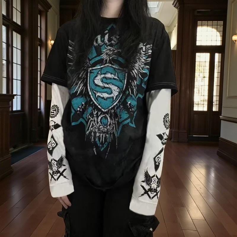 Y2K Grunge Cross Patchwork Long Sleeve T-shirt, Cyber Goth