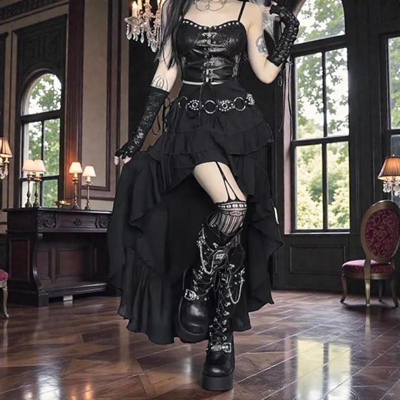 Dark Gothic Layered Skirt – Retro Irregular Fringe Alt Style Skirt for ...