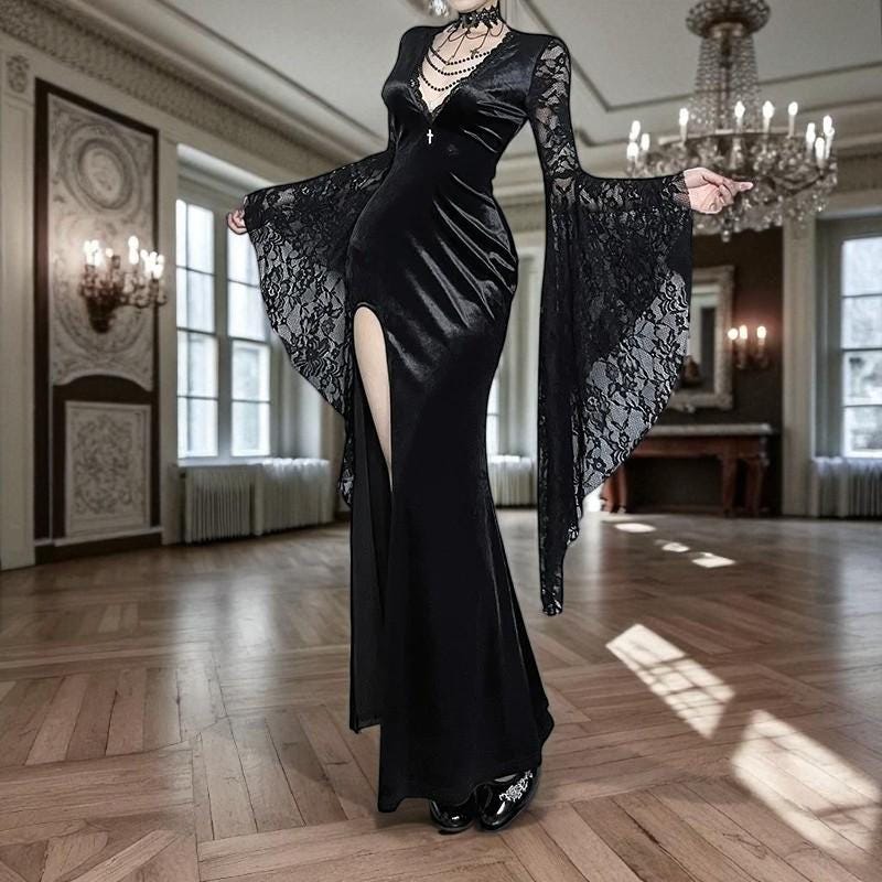 Gothic Velvet Dress with Lace Batwing Sleeves and V Neck, Elegant Dark Aesthetic Gown, Vintage Goth Party Evening Wear, Alternative Clothing