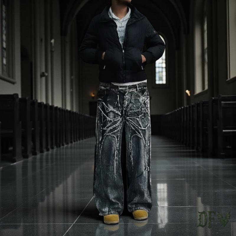 Spider Web Baggy Jeans Wide Leg Denim Y2K Gothic Pants Oversized