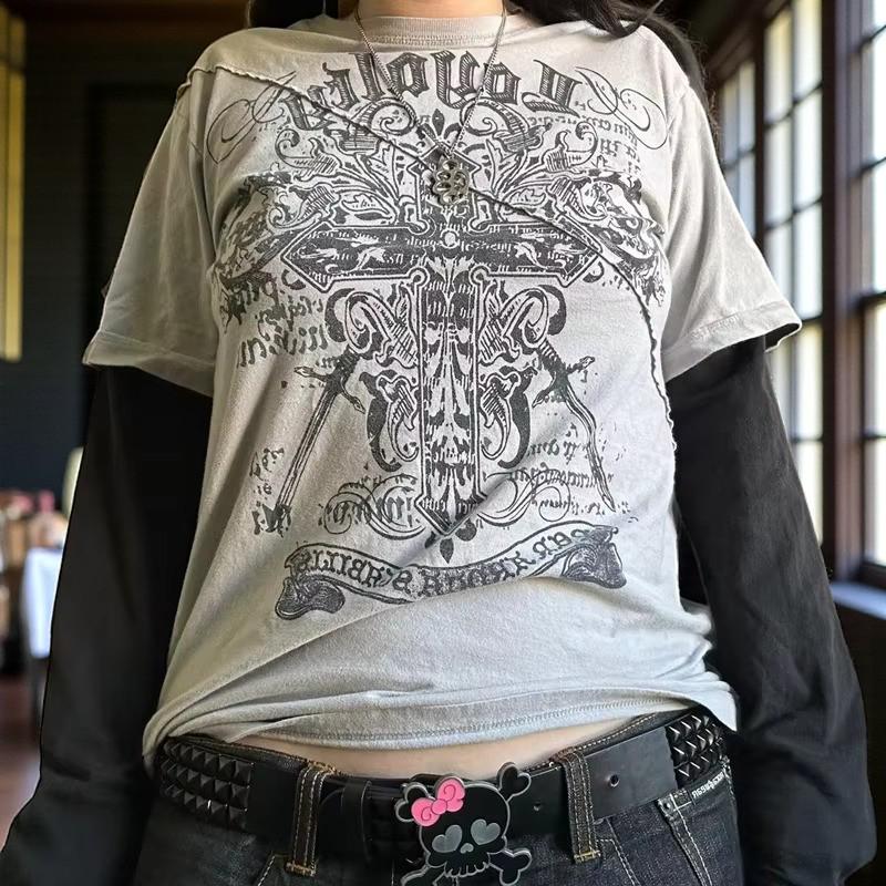 Y2K Grunge Cross Patchwork Long Sleeve T-shirt, Cyber Goth
