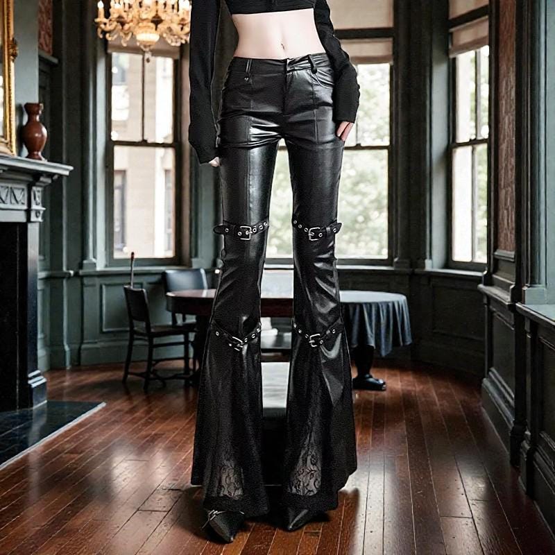 Leather Flare Pants, Goth Buckle Lace-up, Y2K Streetwear - Etsy