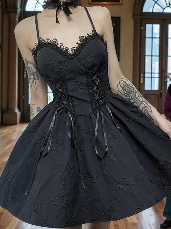 Elegant Gothic Women Dresses With Dark Ticking, A-line Dress With Silk Lace, Black Dress for Parties, Witchy Clothing, Alternative Outfit - Etsy Israel Elegant Gothic Women Dresses With Dark Ticking, A-line Dress With Silk Lace, Black Dress for Parties, Witchy Clothing, Alternative Outfit - Etsy Israel