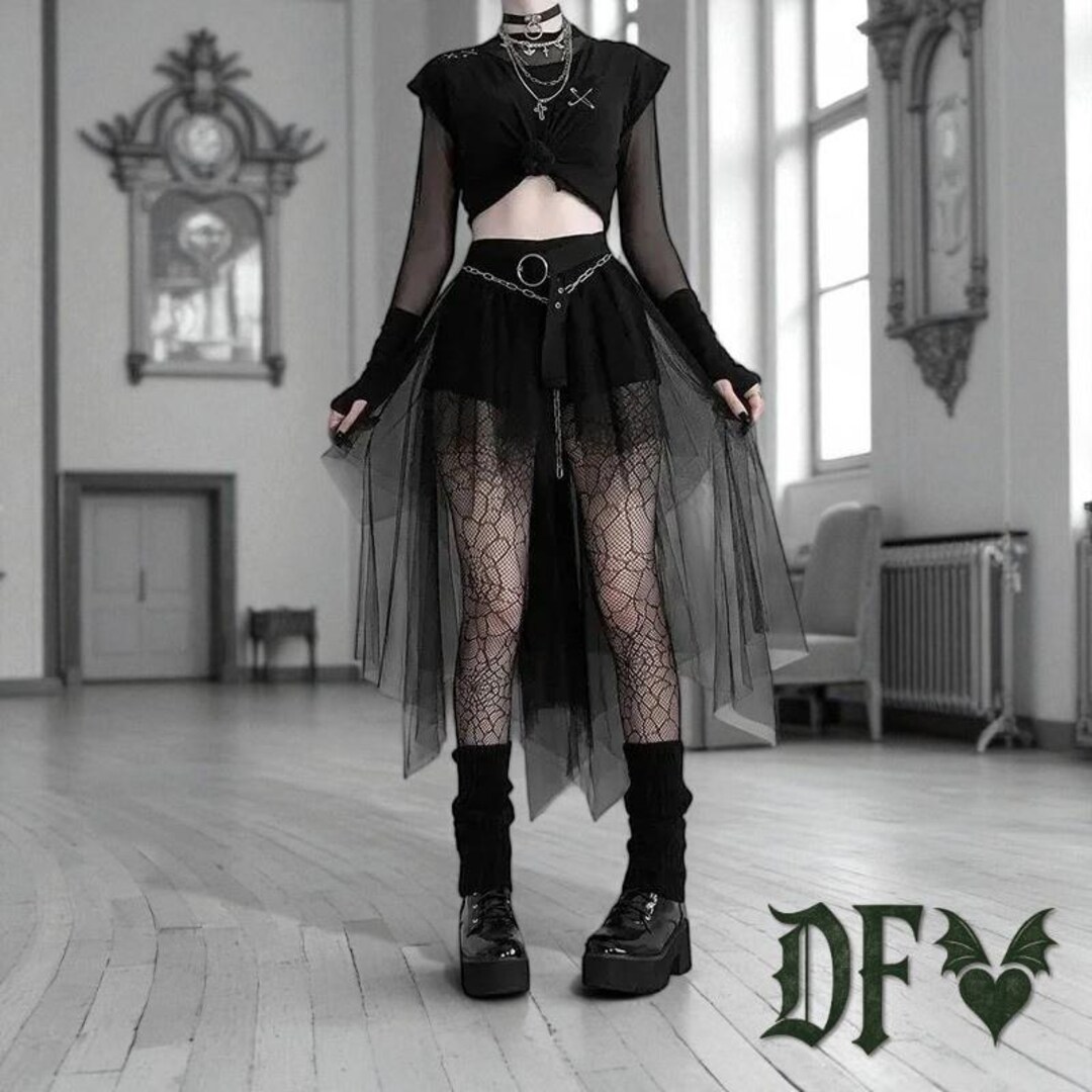 Black Gothic Tulle Skirt Y2K Mesh Fairycore High Waist Irregular
