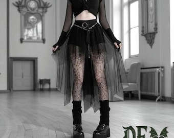 Zwarte gotische tule rok Y2K mesh Fairycore hoge taille rok met onregelmatige zoom