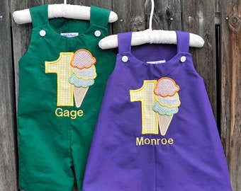 Baby's first birthday dress, personalized ice cream cone jumper dress or Jon Jon romper, longalls shortall. shirt sold separately