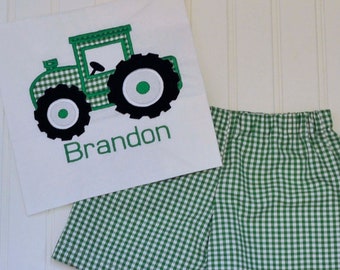 Boys tractor shirt set Gingham tractor outfit gingham shorts or pants, monogram brother matching, 3m,6m,9m,12m,18m,2t,3t,4,5,6