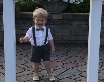 Charcoal grey linen suspender shorts, Ring Bearer Outfit Boys wedding clothes gray linen shorts or pants with matching suspenders