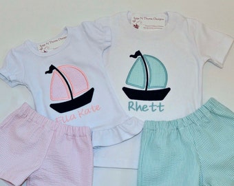 Sibling matching Beach outfit, Sailboat Summer Seersucker shirt with shorts or pants, personalized matching brother sister 3m-6