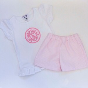 Girls Monogrammed shirt with seersucker shorts or pants, Personalized sibling romper, bodysuit or shirt set for girls and boys