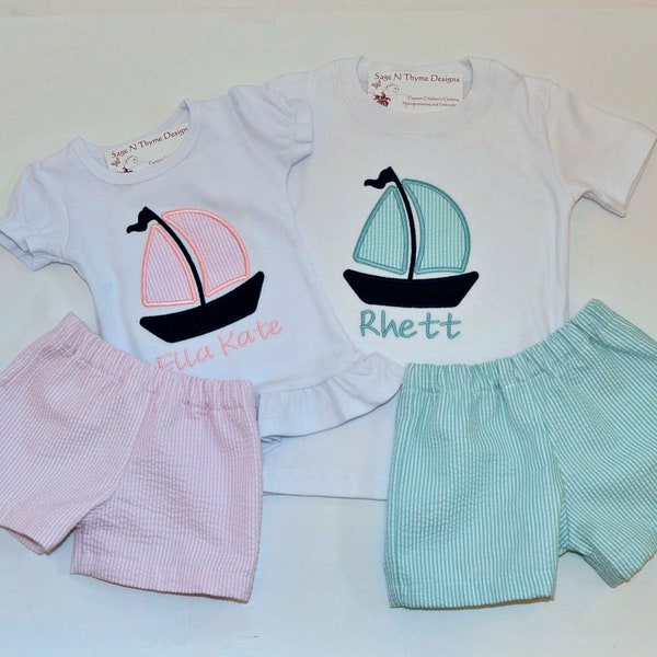 Sibling matching Beach outfit, Sailboat Summer Seersucker shirt with shorts or pants, personalized matching brother sister 3m-6
