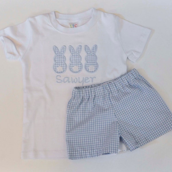 Baby Easter Outfit, Personalized Shirt Three Bunny Shirt with Gingham Shorts, Matching Brother Sister Easter outfits 3m-6yrs