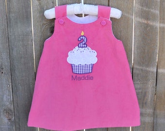 Second Birthday Dress, Winter corduroy jumper or romper, Personalized toddler cupcake longalls with ANY candle number 1-9