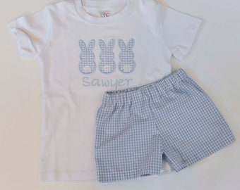 Baby Easter Outfit, Personalized Shirt Three Bunny Shirt with Gingham Shorts, Matching Brother Sister Easter outfits 3m-6yrs