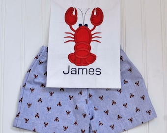 Crawfish Monogrammed shirt set, shirt with red lobster shorts or pants for summer seafood boil, NOLA baby gift