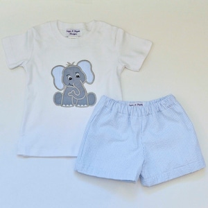 Baby Elephant shirt and shorts, personalized birthday shirt with seersucker shorts or pants, toddler animal baby shower gift