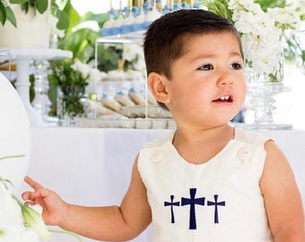 Baptism Cross Embroidered Jon Jon, Ivory Cotton Romper, longalls..baby boy baptism clothes, 3m,6m,9m,12m,18m,2t,3t