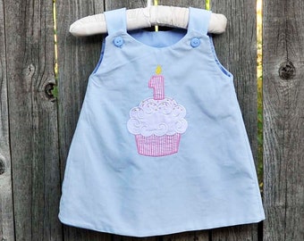 First Birthday Dress or Romper, Winter Corduroy Jumper or Longalls, Personalized Cupcake outfit with first birthday candle for baby