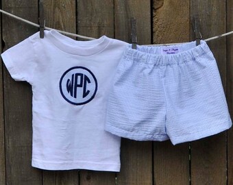 Boys Monogrammed shirt with shorts or pants, many colors of Personalized seersucker romper bodysuit coming home outfit
