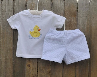 Ducky Monogrammed shirt and short set, shirt with seersucker shorts, brother matching, many colors...3m,6m,9m,12m,18m,2t,3t,4t,5,6