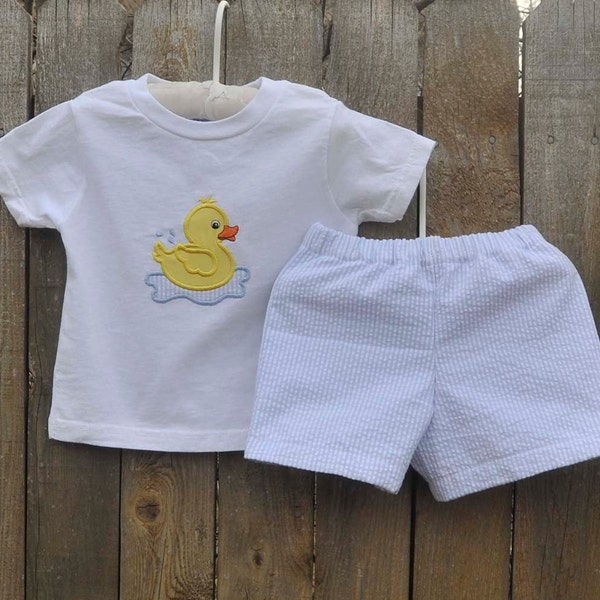 Ducky Monogrammed shirt and short set, shirt with seersucker shorts, brother matching, many colors...3m,6m,9m,12m,18m,2t,3t,4t,5,6