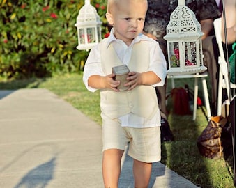 Natural Linen Shorts and Vest, Boys linen suit, many colors, Beach Weddings, Beach Portrait, Baptism Suit...6m,12m,2t,3t,4t,5,6,7,8