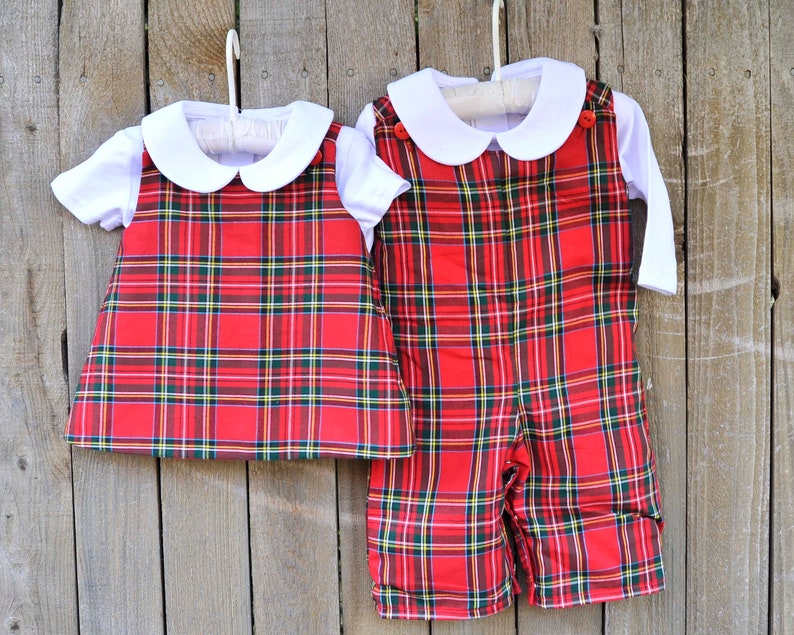 Christmas Plaid longalls, Red Tartan jumper dress or jon jon romper shortalls, add a shirt or monogram with add on, Sibling matching outfits 