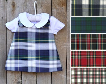 Blue and white Plaid dress, Tartan jumper dress or jon jon romper longalls, add shirt or monogram with add on, Sibling matching outfits