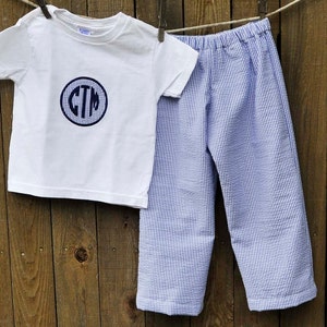 Boys Monogrammed clothing Personalized shirt with seersucker short or pants, baby shower birthday gift 3m,6m,9m,12m,18m,2t,3t,4t, 5,6