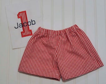 First birthday outfit, gingham number applique shirt with many color gingham shorts or pants, monogram baby gift, matching brother sister