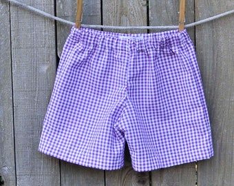 Purple Gingham shorts or pants, Child shorts, boy or girl, many colors, football...3m,6m,9m,12m,18m,2t,3t,4t,5,6,7,8,10,12