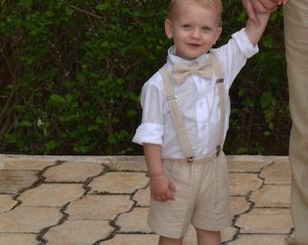 Rustic Wedding ring bearer outfit, Natural linen shorts or pants suit with  bow tie and suspenders in many colors, shirt available separately