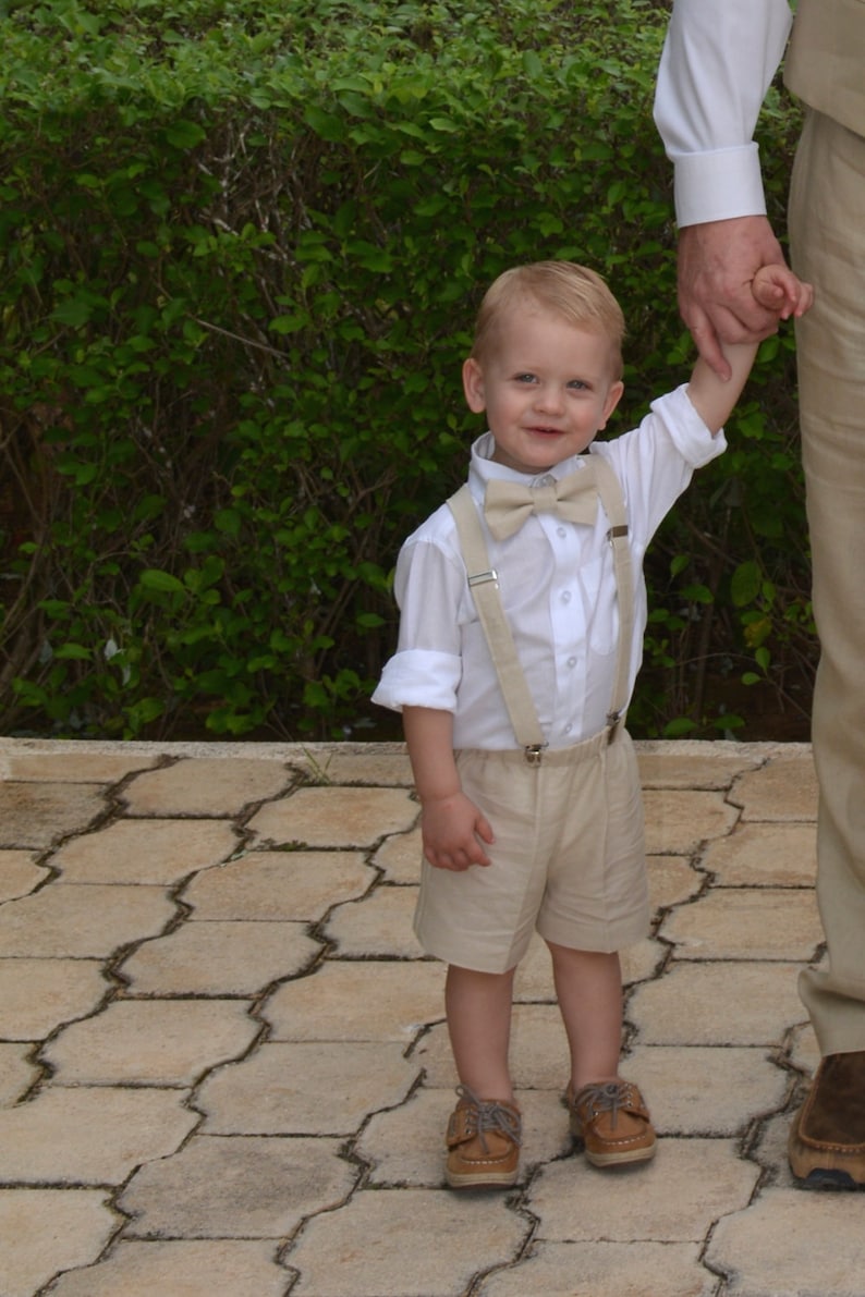 Rustic Wedding ring bearer outfit, Natural linen shorts, bow tie and suspenders, shorts or pants in many colors, shirt available separately image 1