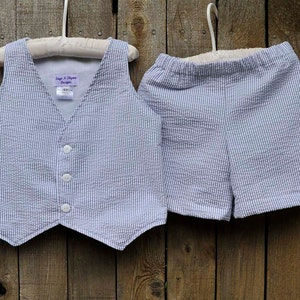 Grey Seersucker Suit, Boys Shorts or Pants and Vest Ring Bearer outfit in many colors for Beach Weddings, Photos, dedications