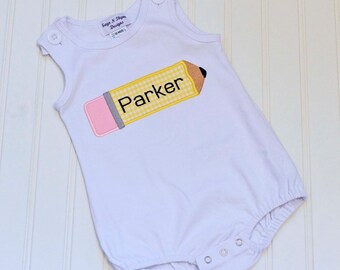 Personalized pencil romper, Back to School shirt with gingham shorts...3m,6m,9m,12m,18m,2t,3t,4t,5,6