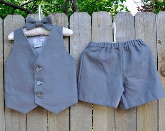 Ring bearer suit, charcoal grey linen shorts, vest and bowtie, many colors, Beach Weddings, Photos, dedications...6m,12m,2t,3t,4t,5,6,7,8,10