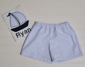 Baby Boy Beach outfit, Sailboat Summer Seersucker shorts and shirt, seersucker clothing, matching brother sister 3m,6m,12m,18m,2t,3t,4t,5,6