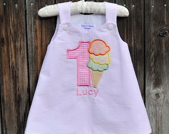 Ice Cream Birthday dress or romper, Boys seersucker jon jon or girls Jumper dress, personalized first birthday ice cream cone outfit