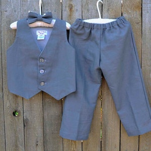 Charcoal linen pants, vest and bowtie, Boys Ring Bearer outfit in many colors as shorts or pants for Beach Weddings, Photos, dedications