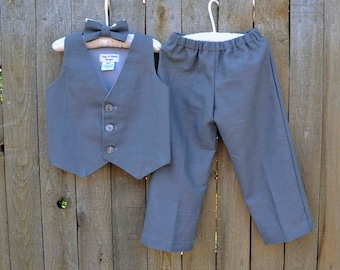 Charcoal linen pants, vest and bowtie, Boys Ring Bearer outfit in many colors as shorts or pants for Beach Weddings, Photos, dedications