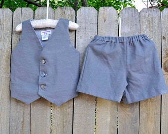 Charcoal Grey Linen Shorts and Vest, Boys linen suit, many colors, Beach Weddings, Beach Portrait, Baptism Suit...6m,12m,2t,3t,4t,5,6,7,8