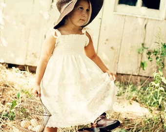 Country Flower Girl Dress... Rustic wedding, Cream, Ivory, White Eyelet, Vintage Lace, Eco-friendly...6m,9m,12m,18m,2t,3t,4t,5,6,7,8,10,12