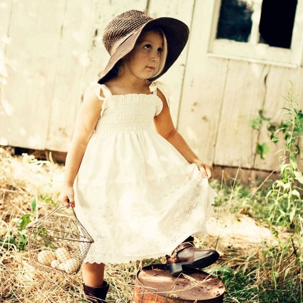 Country Flower Girl Dress... Rustic wedding, Cream, Ivory, White Eyelet, Vintage Lace, Eco-friendly...6m,9m,12m,18m,2t,3t,4t,5,6,7,8,10,12