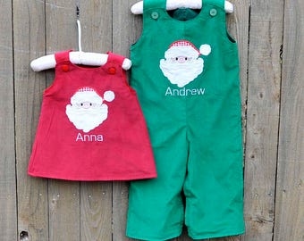 Brother Sister Matching Christmas outfit, corduroy Jumper dress or jon jon, Baby Girl Santa personalized dress or longalls