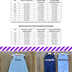 May include: Size chart for A-line dresses and boys' Jon Jon outfits. The chart includes measurements for chest circumference, finished width, finished length, shoulder to crotch length, and total length. The chart is in inches.