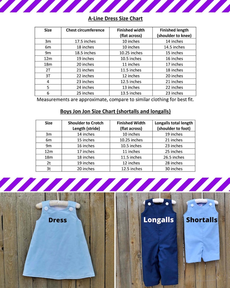 May include: Size chart for A-line dresses and boys' Jon Jon outfits. The chart includes measurements for chest circumference, finished width, finished length, shoulder to crotch length, and total length. The chart is in inches.