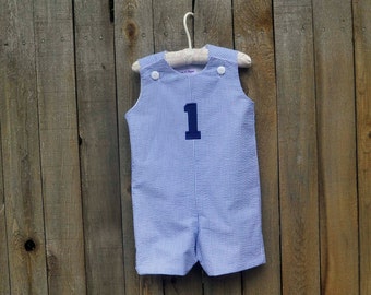 Birthday Jon Jon romper or jumper dress, Monogrammed Seersucker shortalls longalls or dress, personalized first birthday outfit