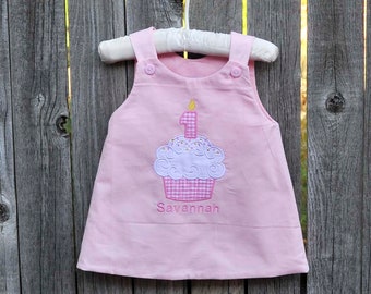 First Birthday Dress or Romper, Winter Corduroy Jumper or Longalls, Personalized Baby Cupcake with first birthday candle