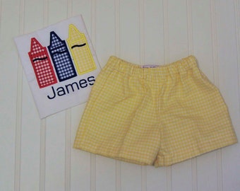 Crayon shirt, personalized Back to School colored pencil shirt with gingham shorts or pants, teacher baby shower gift