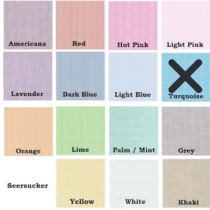 May include: A color chart showing 12 different colors of seersucker fabric. The colors are: Americana, Red, Hot Pink, Light Pink, Lavender, Dark Blue, Light Blue, Turquoise, Orange, Lime, Palm/Mint, Grey, Seersucker, Yellow, White, and Khaki.